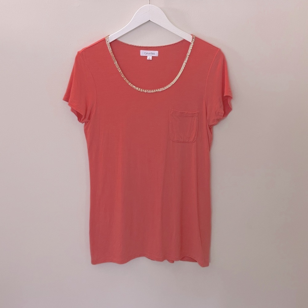 Calvin Klein Coral Tee with Embellished Neckline